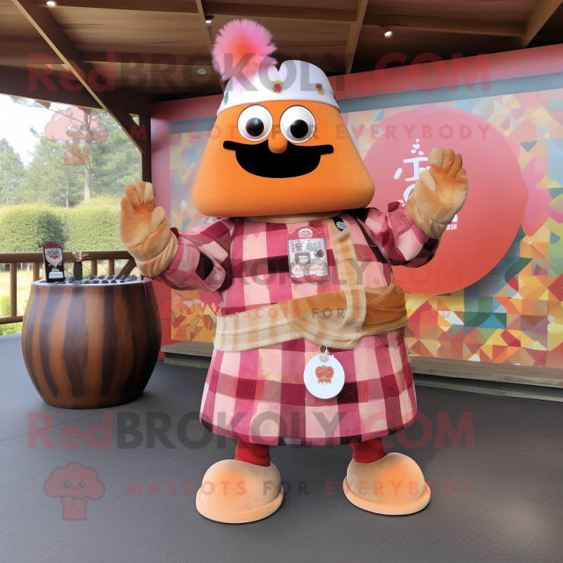 Peach Samurai mascot costume character dressed with a Flannel Shirt and Rings Peach Samurai mascot costume character dressed with a Flannel Shirt and Rings