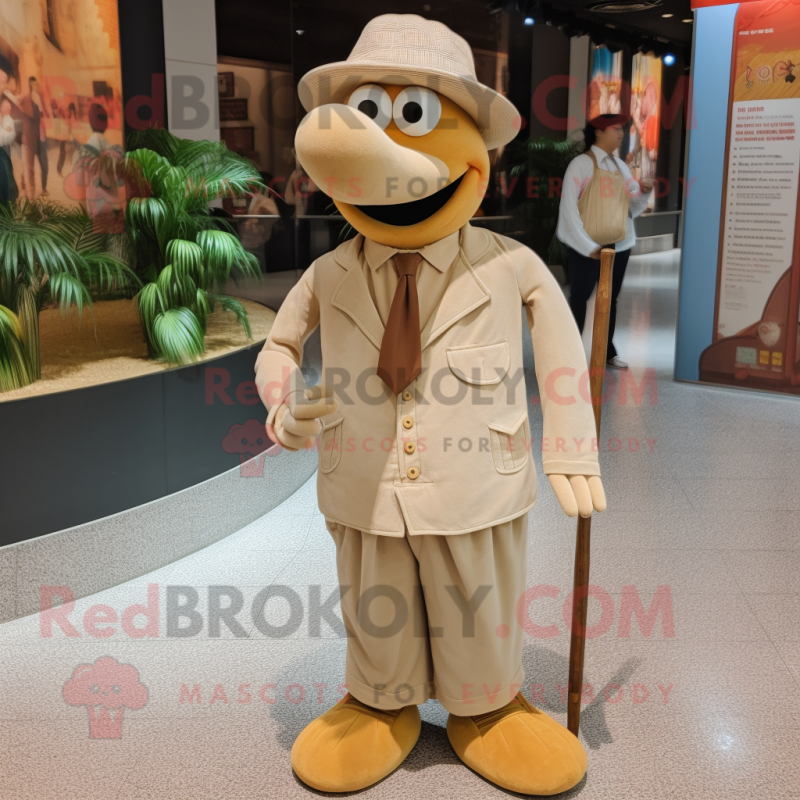 Beige Mandarin mascot costume character dressed with a Corduroy Pants and Tie pins Beige Mandarin mascot costume character dressed with a Corduroy Pants and Tie pins