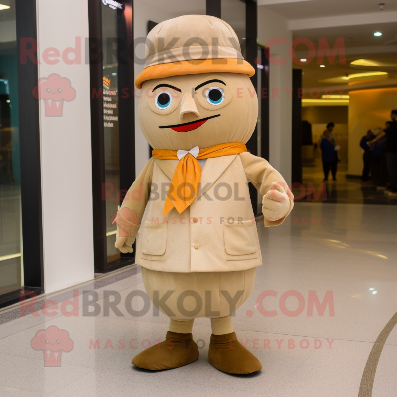 Beige Mandarin mascot costume character dressed with a Corduroy Pants and Tie pins Beige Mandarin mascot costume character dressed with a Corduroy Pants and Tie pins