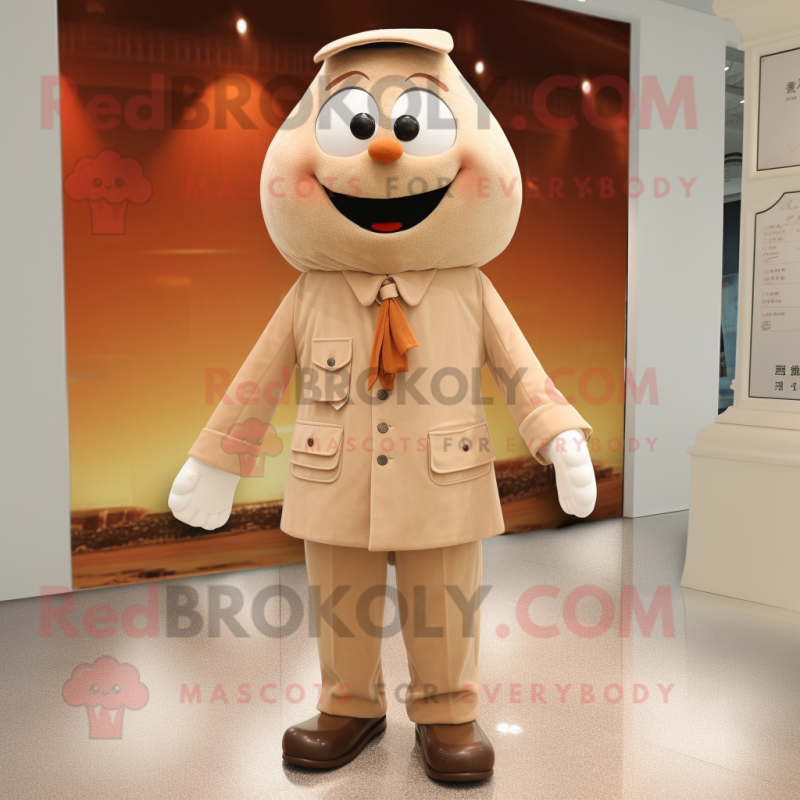 Beige Mandarin mascot costume character dressed with a Corduroy Pants and Tie pins