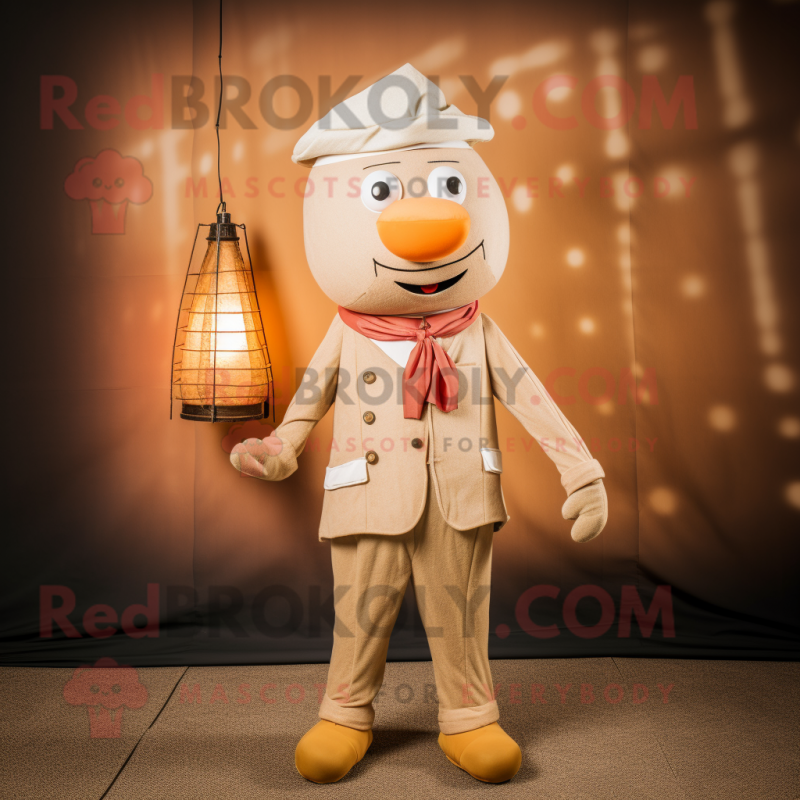 Beige Mandarin mascot costume character dressed with a Corduroy Pants and Tie pins Beige Mandarin mascot costume character dressed with a Corduroy Pants and Tie pins