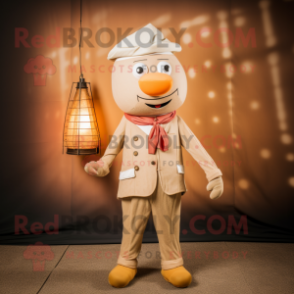 Beige Mandarin mascot costume character dressed with a Corduroy Pants and Tie pins