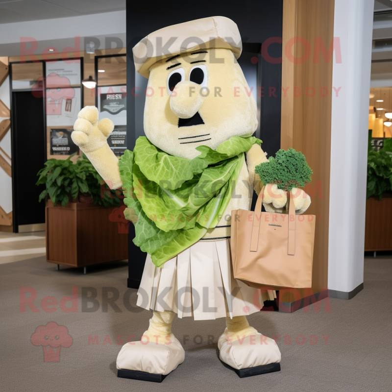 Beige Caesar Salad mascot costume character dressed with a Dress Shirt and Handbags