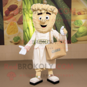 Beige Caesar Salad mascot costume character dressed with a Dress Shirt and Handbags