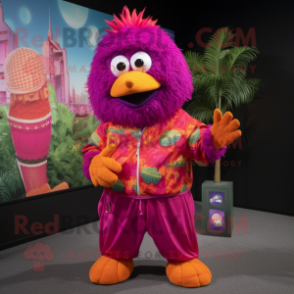 Magenta Mandarin mascot costume character dressed with a Bermuda Shorts and Shawl pins