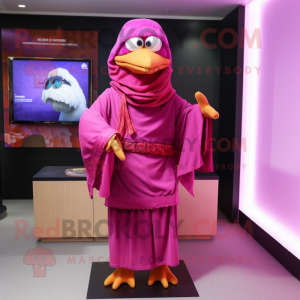 Magenta Mandarin mascot costume character dressed with a Bermuda Shorts and Shawl pins