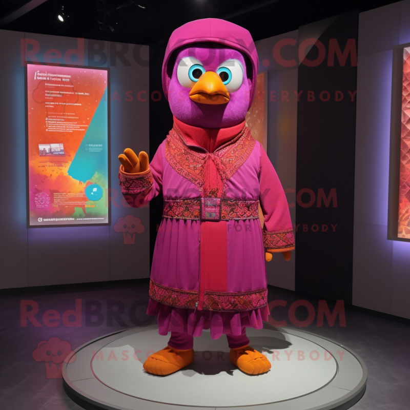 Magenta Mandarin mascot costume character dressed with a Bermuda Shorts and Shawl pins