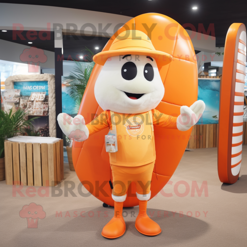 Orange Surfboard mascot costume character dressed with a Rash Guard and Handbags Orange Surfboard mascot costume character dressed with a Rash Guard and Handbags