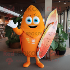 Orange Surfboard mascot costume character dressed with a Rash Guard and Handbags