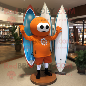 Orange Surfboard mascot costume character dressed with a Rash Guard and Handbags