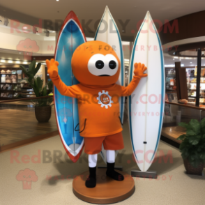 Orange Surfboard mascot costume character dressed with a Rash Guard and Handbags