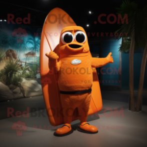 Orange Surfboard mascot costume character dressed with a Rash Guard and Handbags