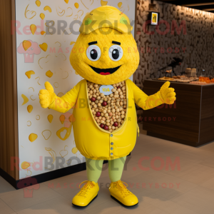 Lemon Yellow Paella mascot costume character dressed with a Bomber Jacket and Necklaces