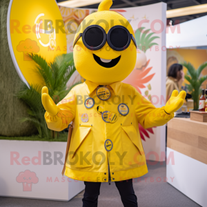 Lemon Yellow Paella mascot costume character dressed with a Bomber Jacket and Necklaces