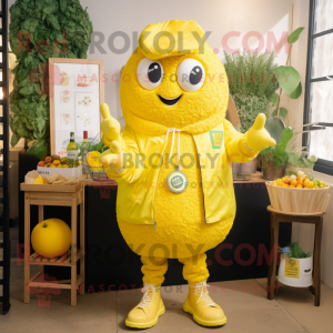 Lemon Yellow Paella mascot costume character dressed with a Bomber Jacket and Necklaces