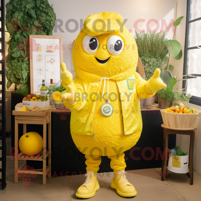 Lemon Yellow Paella mascot costume character dressed with a Bomber Jacket and Necklaces Lemon Yellow Paella mascot costume character dressed with a Bomber Jacket and Necklaces