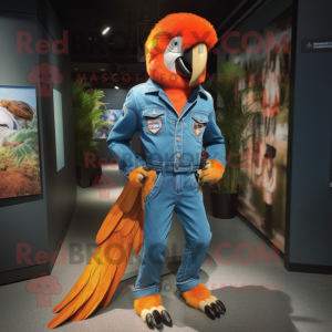 Orange Macaw mascot costume character dressed with a Boyfriend Jeans and Lapel pins