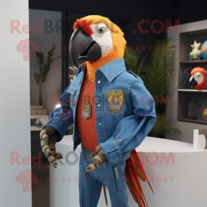 Orange Macaw mascot costume character dressed with a Boyfriend Jeans and Lapel pins