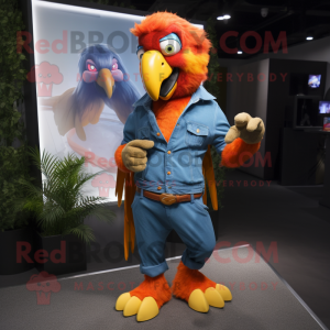 Orange Macaw mascot costume character dressed with a Boyfriend Jeans and Lapel pins