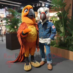 Orange Macaw mascot costume character dressed with a Boyfriend Jeans and Lapel pins
