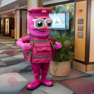 Magenta American Soldier mascot costume character dressed with a One-Piece Swimsuit and Wallets