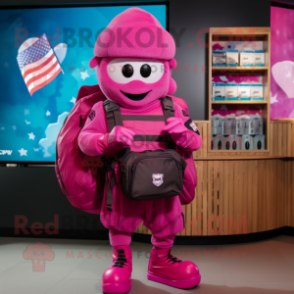 Magenta American Soldier mascot costume character dressed with a One-Piece Swimsuit and Wallets