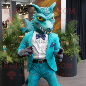 Turquoise Chupacabra mascot costume character dressed with a Suit Jacket and Pocket squares