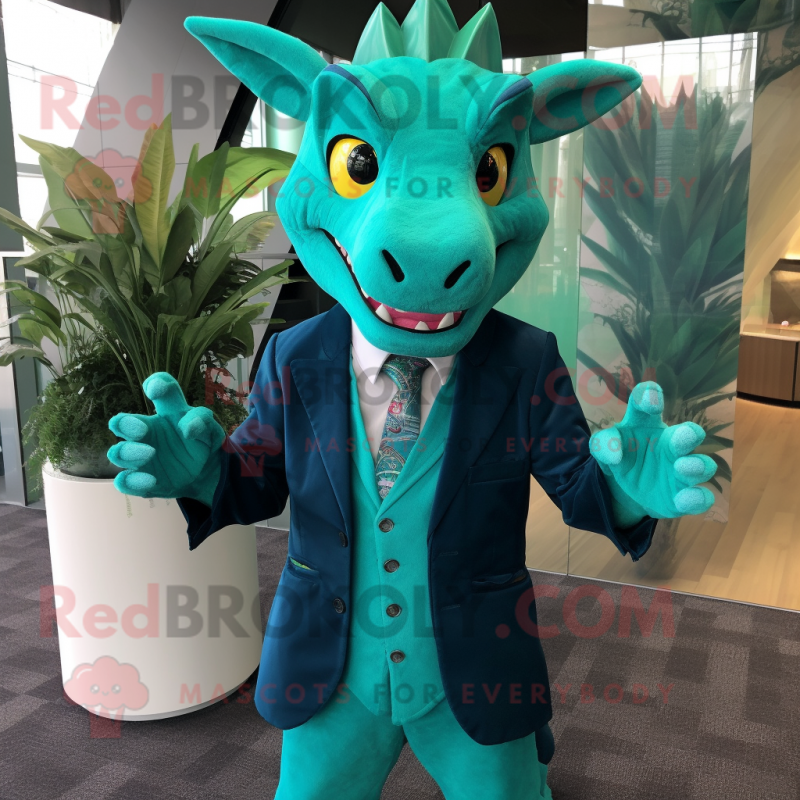 Turquoise Chupacabra mascot costume character dressed with a Suit Jacket and Pocket squares