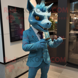 Turquoise Chupacabra mascot costume character dressed with a Suit Jacket and Pocket squares