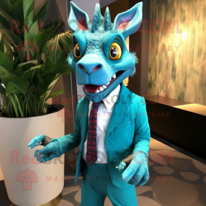 Turquoise Chupacabra mascot costume character dressed with a Suit Jacket and Pocket squares