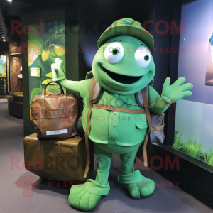 Green Cod mascot costume character dressed with a Sheath Dress and Messenger bags