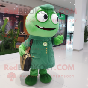 Green Cod mascot costume character dressed with a Sheath Dress and Messenger bags