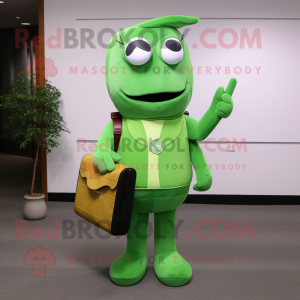 Green Cod mascot costume character dressed with a Sheath Dress and Messenger bags