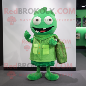 Green Cod mascot costume character dressed with a Sheath Dress and Messenger bags