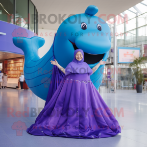 Purple Blue Whale mascot costume character dressed with a Ball Gown and Mittens