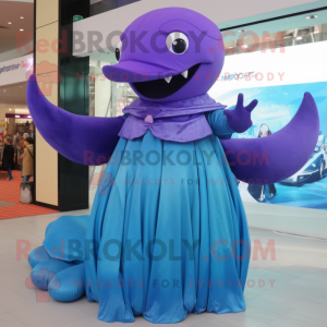 Purple Blue Whale mascot costume character dressed with a Ball Gown and Mittens