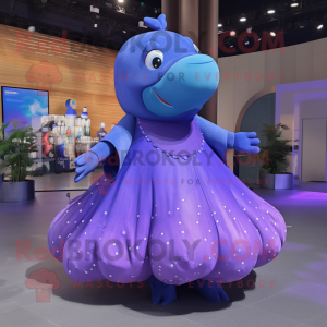 Purple Blue Whale mascot costume character dressed with a Ball Gown and Mittens