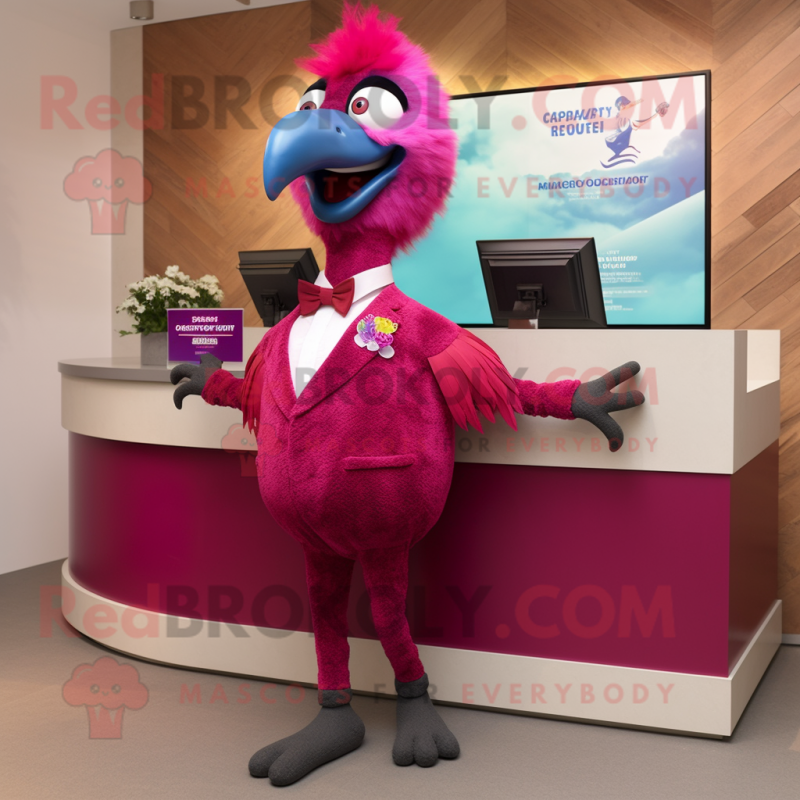 Magenta Peacock mascot costume character dressed with a Suit Pants and Tie pins