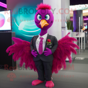 Magenta Peacock mascot costume character dressed with a Suit Pants and Tie pins