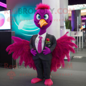 Magenta Peacock mascot costume character dressed with a Suit Pants and Tie pins