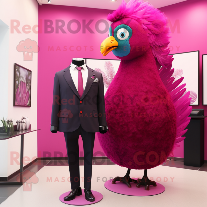 Magenta Peacock mascot costume character dressed with a Suit Pants and Tie pins Magenta Peacock mascot costume character dressed with a Suit Pants and Tie pins