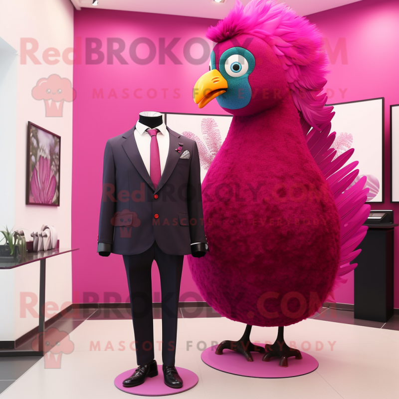 Magenta Peacock mascot costume character dressed with a Suit Pants and Tie pins