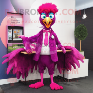 Magenta Peacock mascot costume character dressed with a Suit Pants and Tie pins