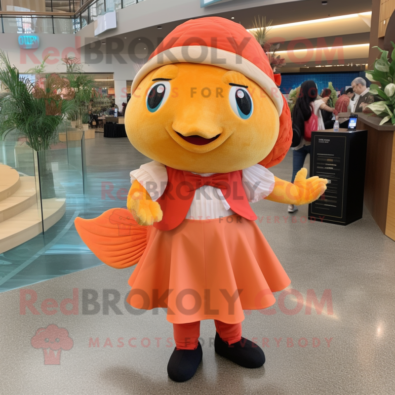 Peach Goldfish mascot costume character dressed with a Dress Pants and Headbands