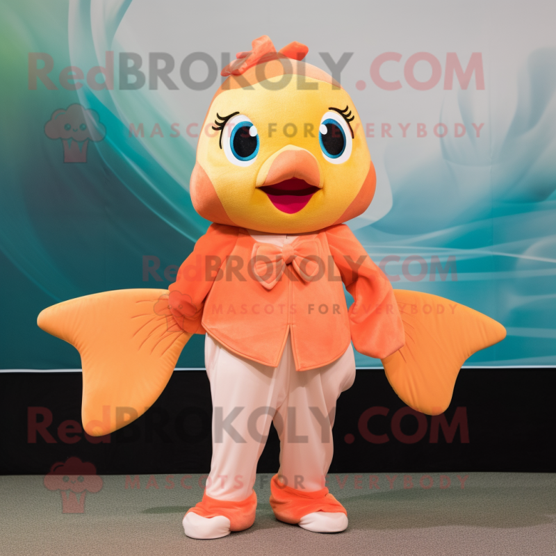 Peach Goldfish mascot costume character dressed with a Dress Pants and Headbands