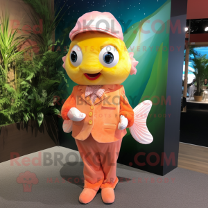 Peach Goldfish mascot costume character dressed with a Dress Pants and Headbands