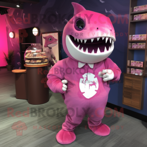 Magenta Megalodon mascot costume character dressed with a Poplin Shirt and Coin purses