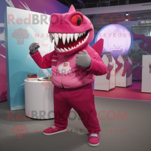 Magenta Megalodon mascot costume character dressed with a Poplin Shirt and Coin purses