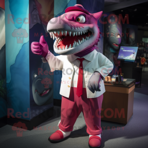 Magenta Megalodon mascot costume character dressed with a Poplin Shirt and Coin purses