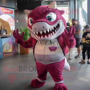 Magenta Megalodon mascot costume character dressed with a Poplin Shirt and Coin purses